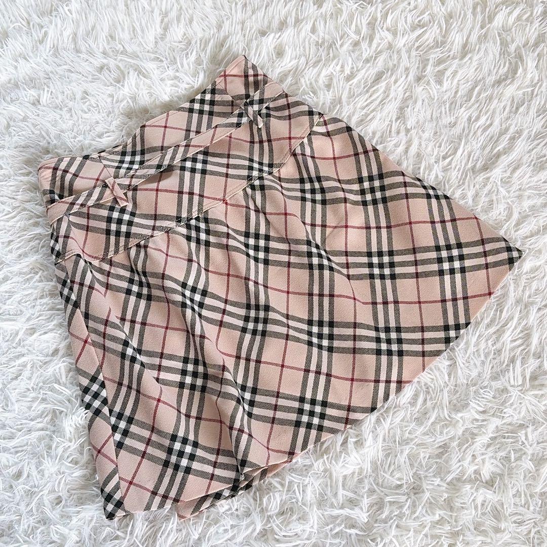 【バーバリーブルーレーベル】リボンベルトラップフレアスカート ノバチェック 36