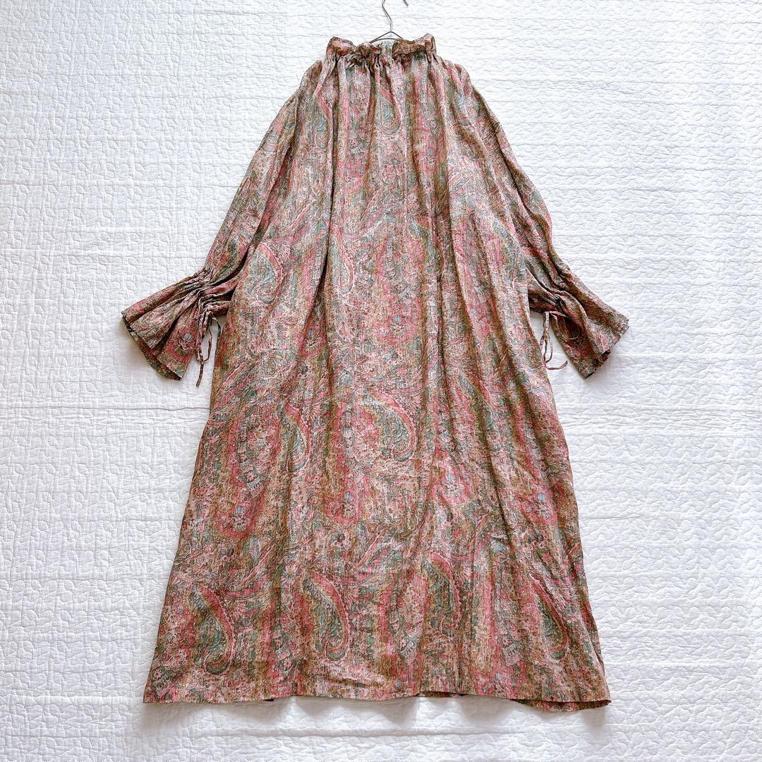 イチ ichi リネン100 ワンピース ペイズリー柄 フリル リボン ゆったり