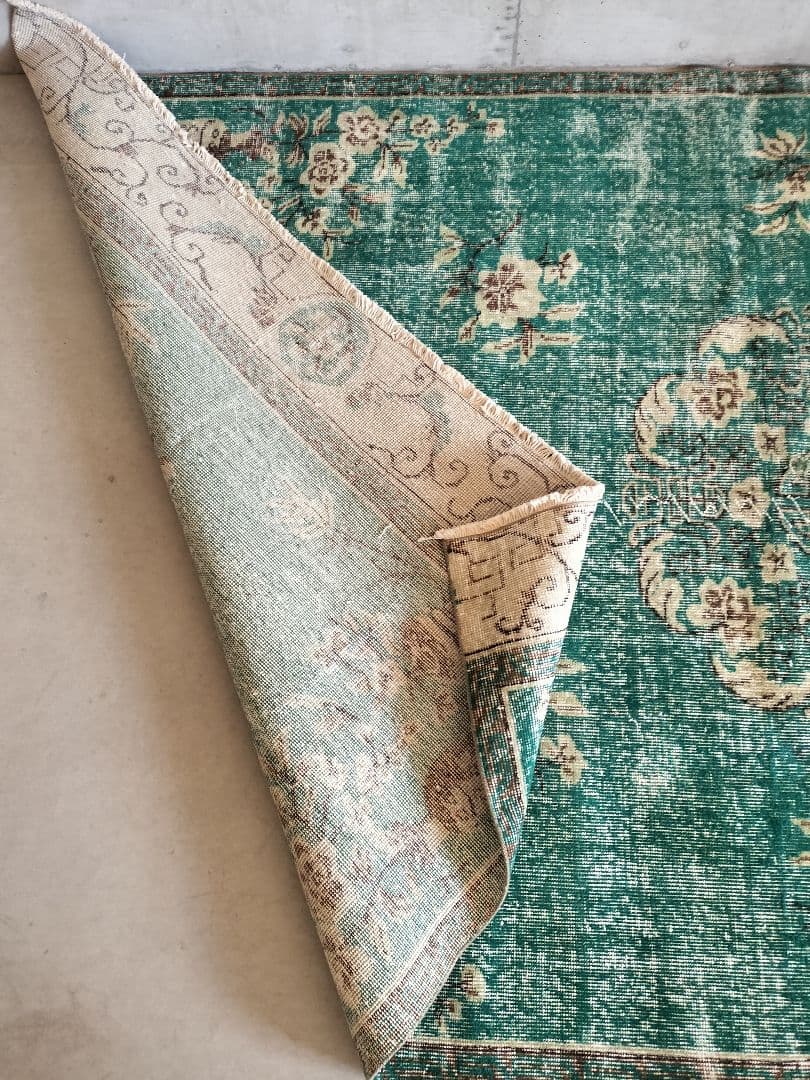 超大判/エメラルドグリーンのシノワズリラグ　トリコヴィンテージラグ　No586