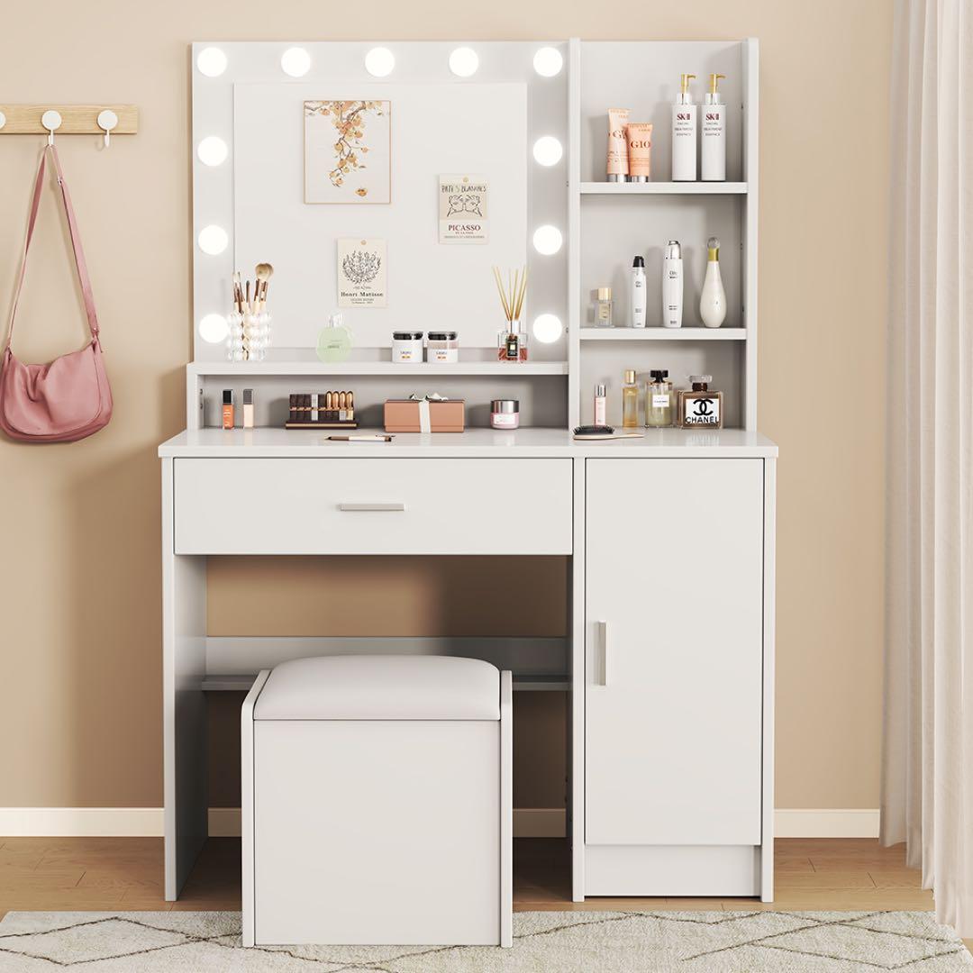 ドレッサーおしゃれコンパクト3色LEDライト付(スツール付き）女優ミラー 化粧台
