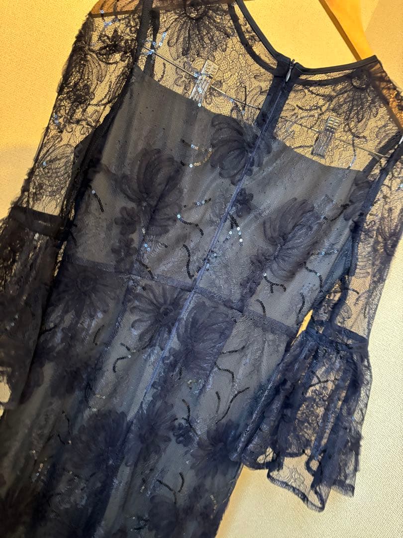 Leja スパンコールレーススリーブIラインロングワンピースドレス　現物写真あり