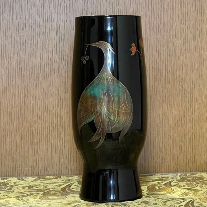 【宝蔵】輪島塗 花瓶　桜井一良 蒔絵鳳凰図 漆器喰籠 未使用品　共箱