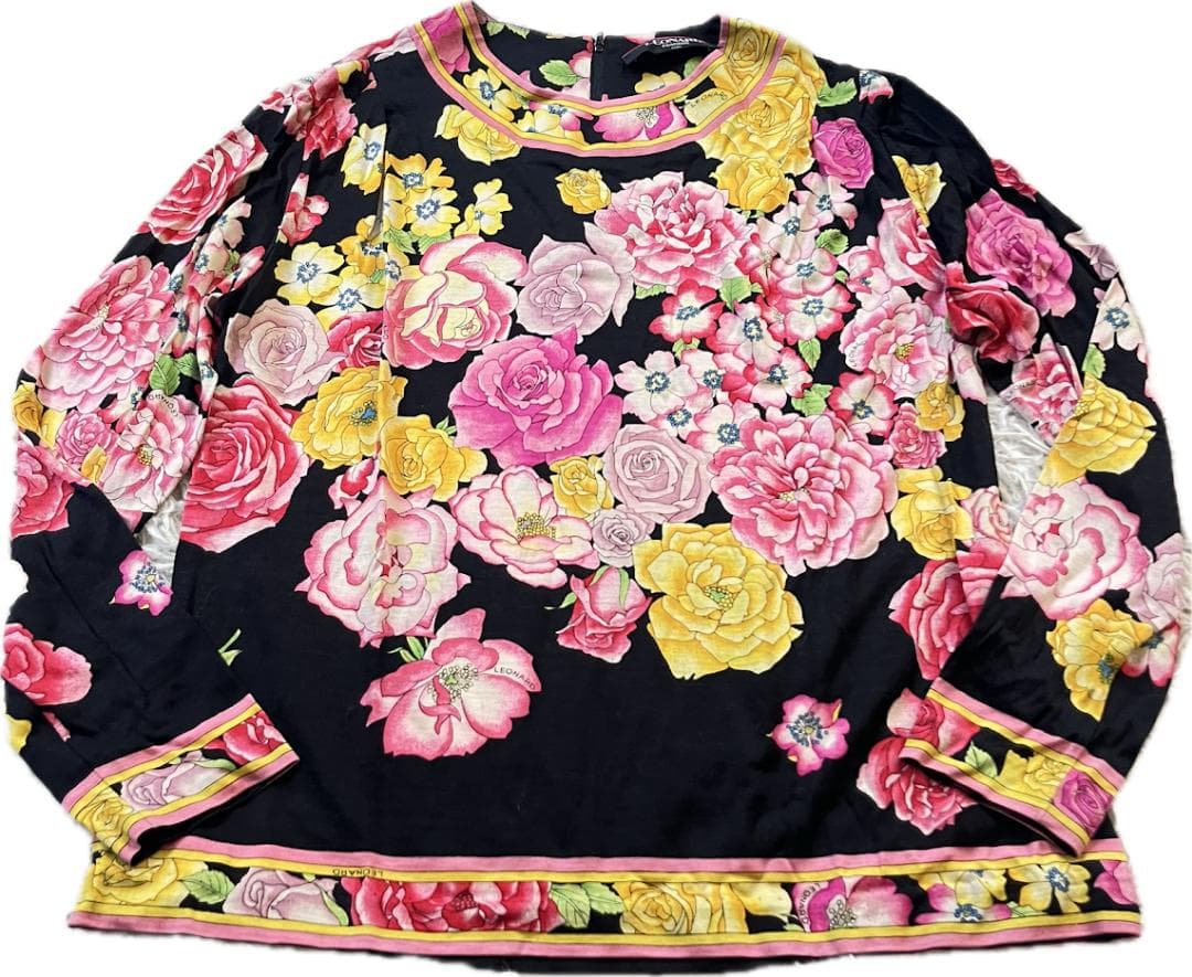 LEONARD レオナール カットソー　長袖　トップス　M　フラワー柄 シルク