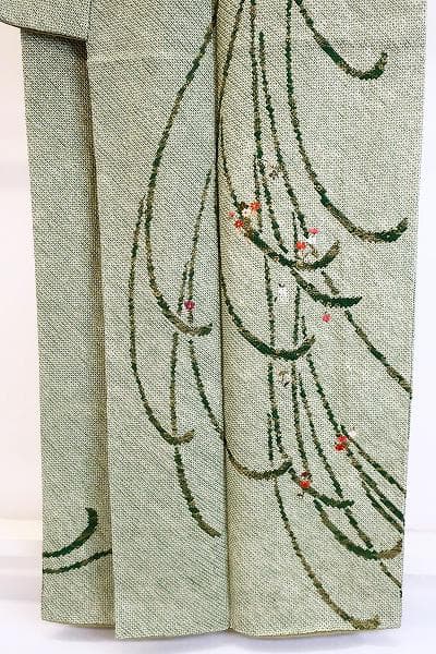 訪問着 総絞り くすんだ黄緑 草色 枝花 刺繍 身丈159cm 裄丈64cm