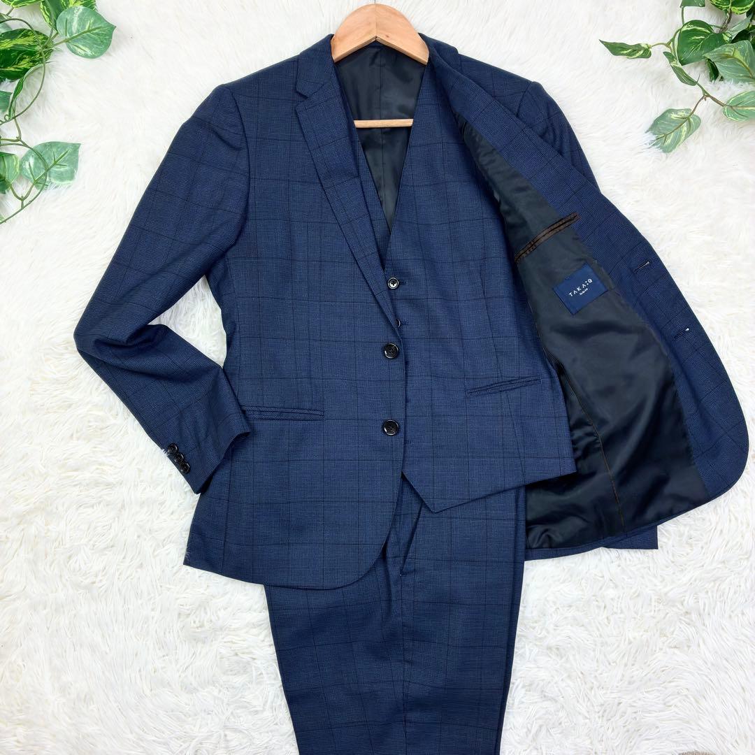 美品　タカキュー　ウィンドウペンチェック　3ピース　スーツセットアップ　S　紺