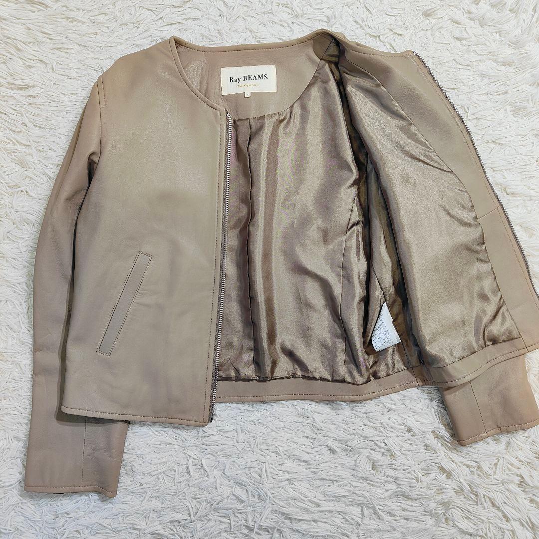 極美 ビームス ラムレザー 羊革 ノーカラー ライダースジャケット ベージュ 1