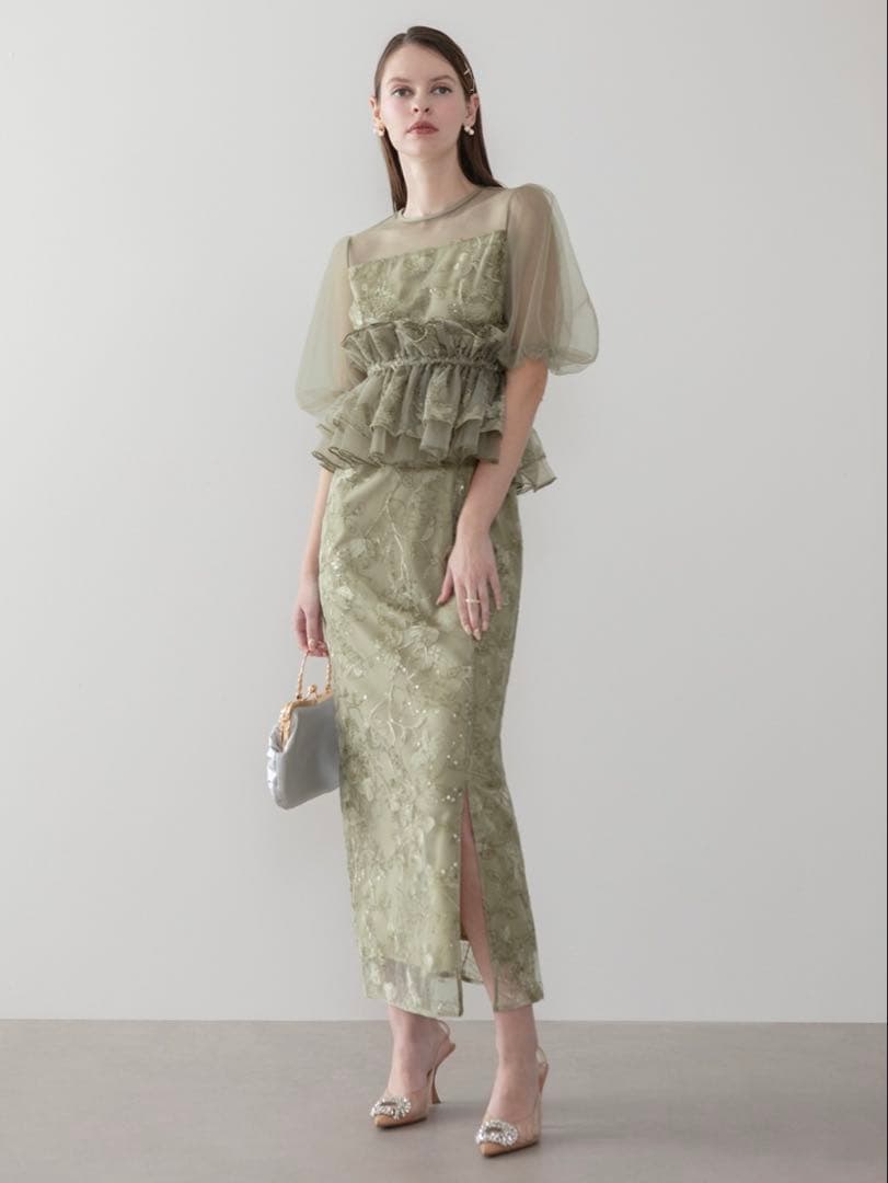 3WAYチュールラッフルフラワースパンコールIラインワンピースドレス結婚式二次会