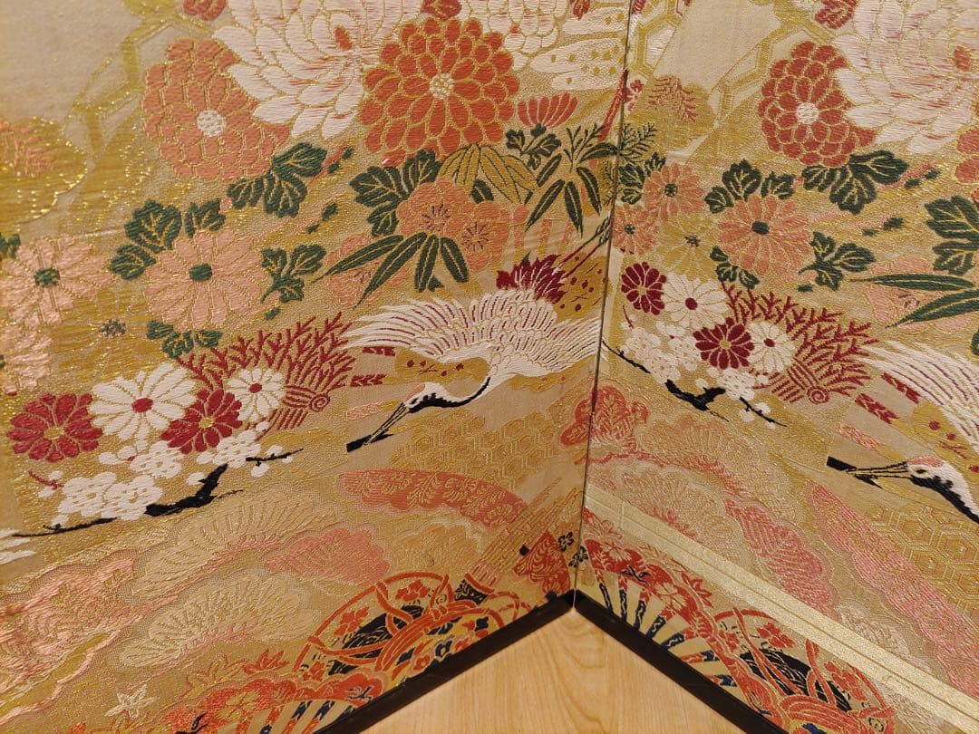 屏風　仕切り　二枚折　 パーテーション　 衝立　鶴図　金糸　西陣織　風炉先屏風