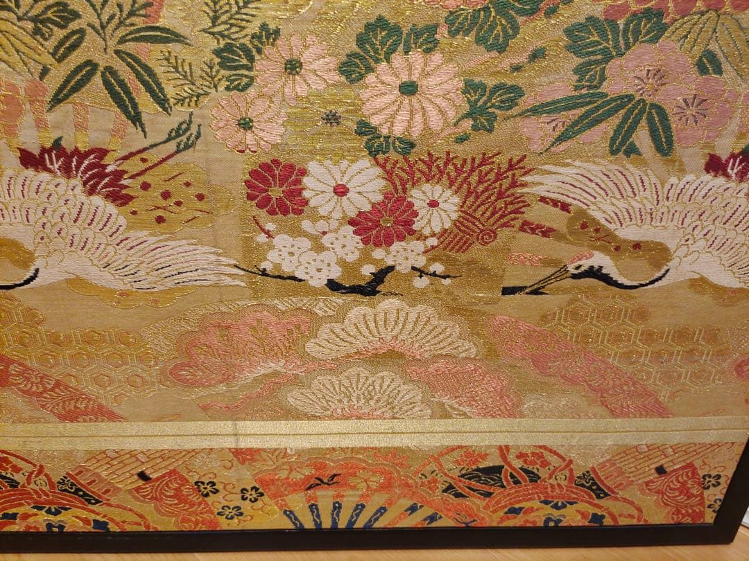 屏風　仕切り　二枚折　 パーテーション　 衝立　鶴図　金糸　西陣織　風炉先屏風