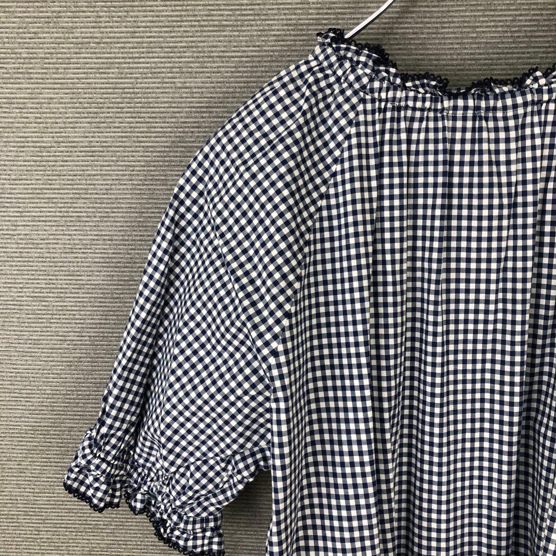 PINK HOUSE ギンガムチェックワンピース ワッペン ピコフリル ブルー