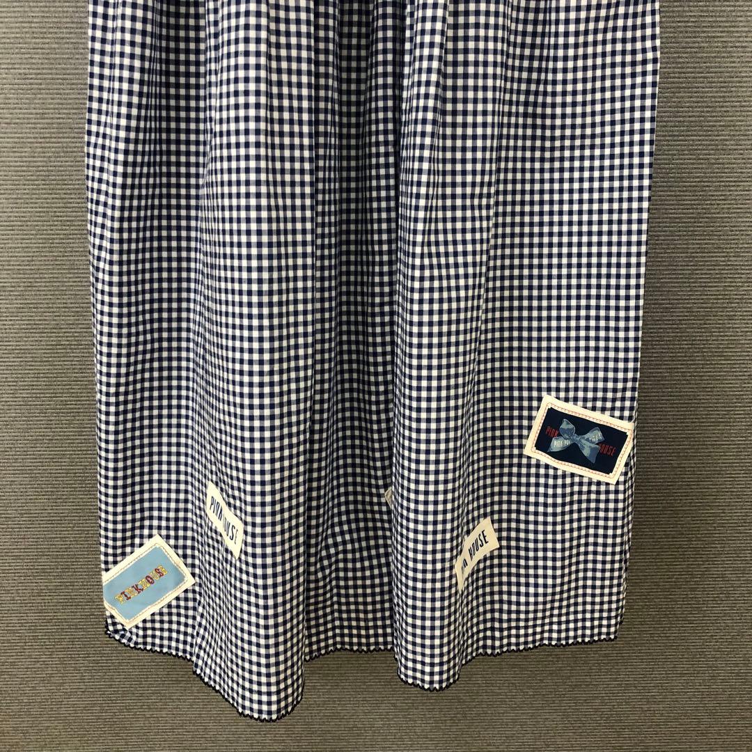 PINK HOUSE ギンガムチェックワンピース ワッペン ピコフリル ブルー