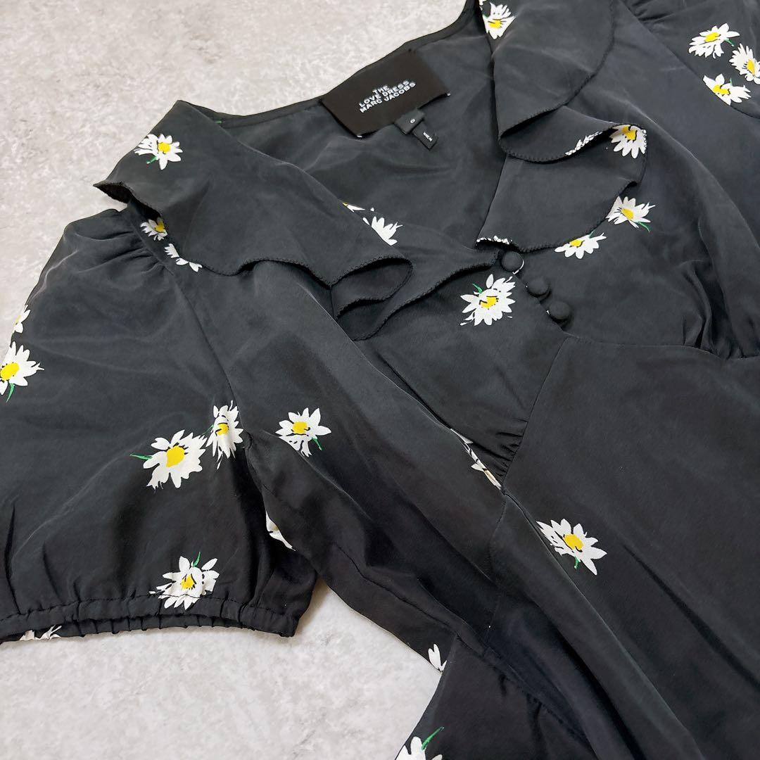 美品✨シルク100 マークジェイコブス　花柄ロングワンピース　ウエストリボン　黒
