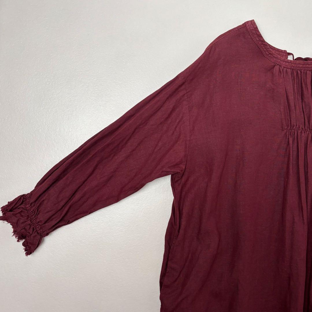ネストローブ　リネン2wayバルーンスリーブワンピース　ボルドー
