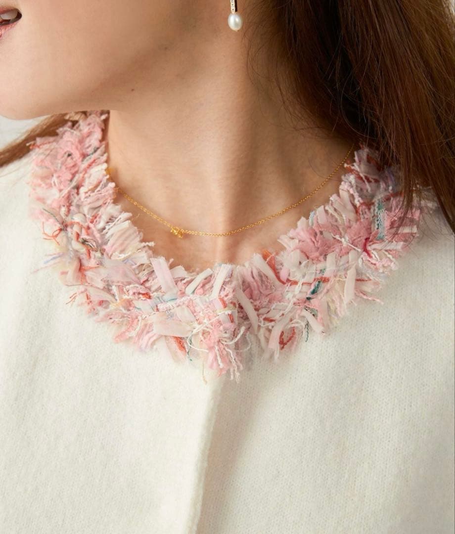 Liala×PG フリンジツイードラウンドネックニットカーディガン