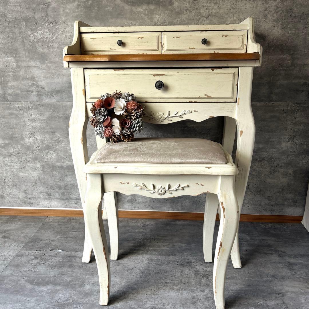 アンティーク加工 シャビーシック 猫脚コンソールデスク　椅子付