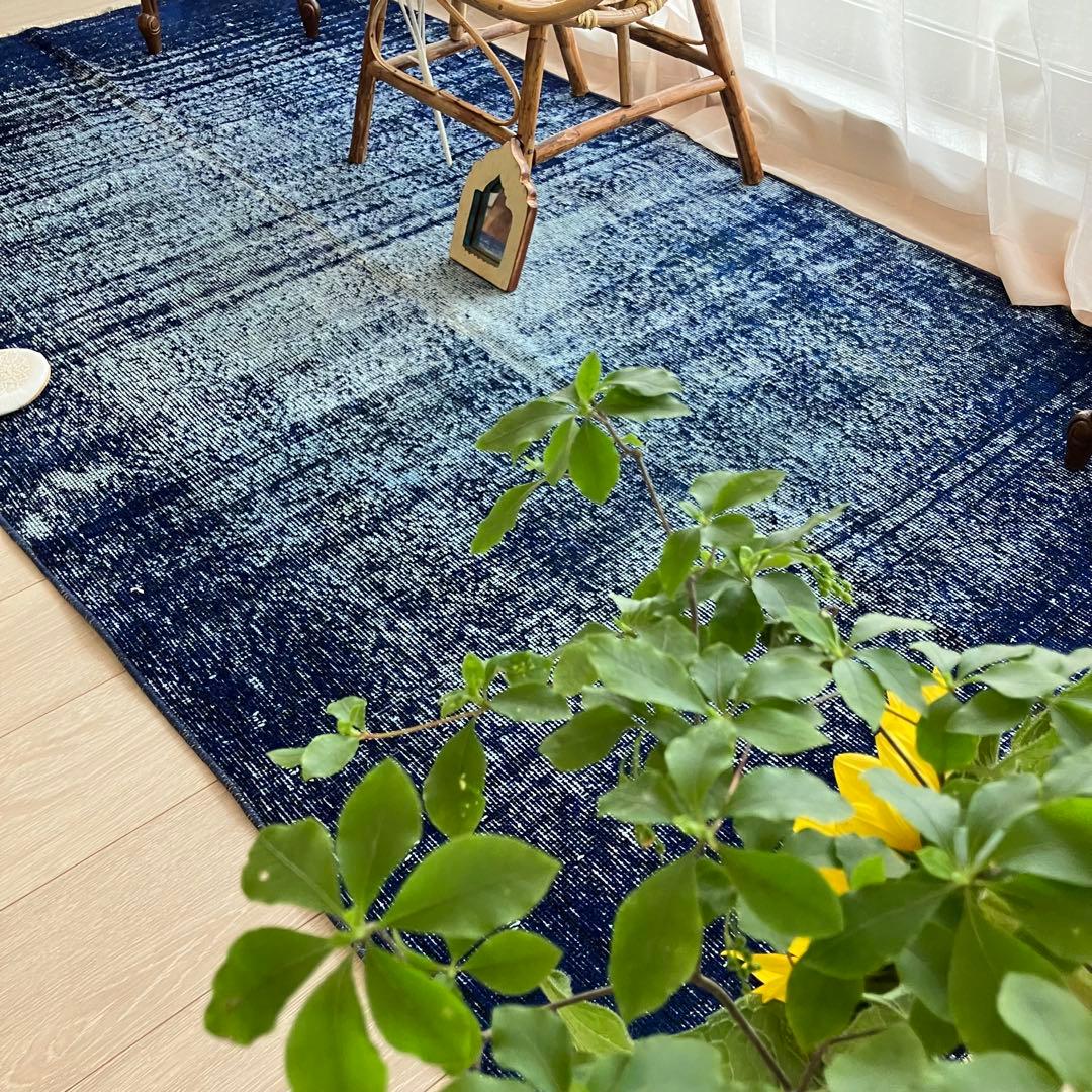 オーバーダイ109×205 デニム　グラデーションブルー　トルコヴィンテージラグ