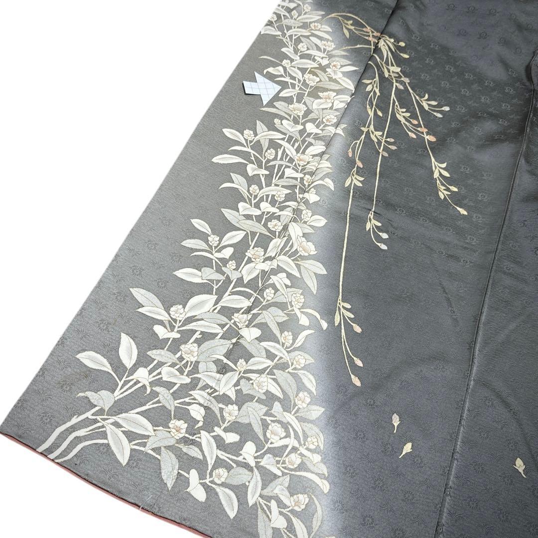 A151愛華 訪問着　錆鼠色　花地紋　染め花　正絹　フォーマル　身丈164cm