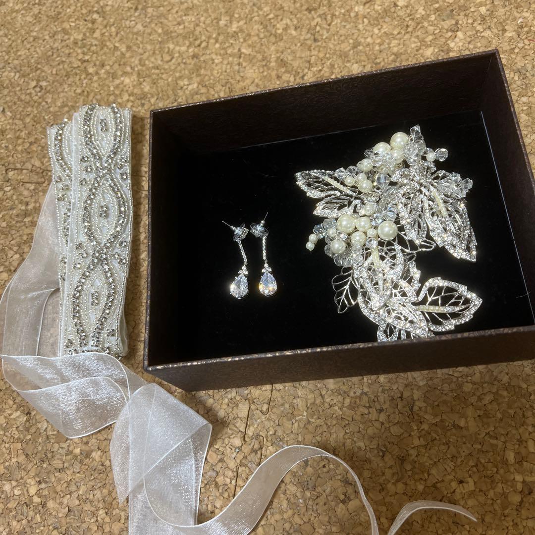 an様 ヴェラウォン風バレリーナウェディングドレスサッシュベルト ヘア飾りピアス