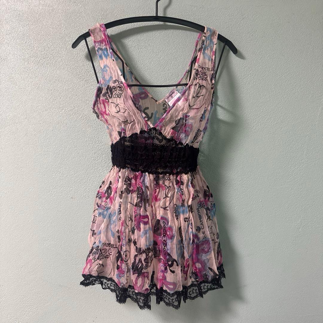 CHANEL 07C シルク100%キャミソール ココマーク レースシアー共布付