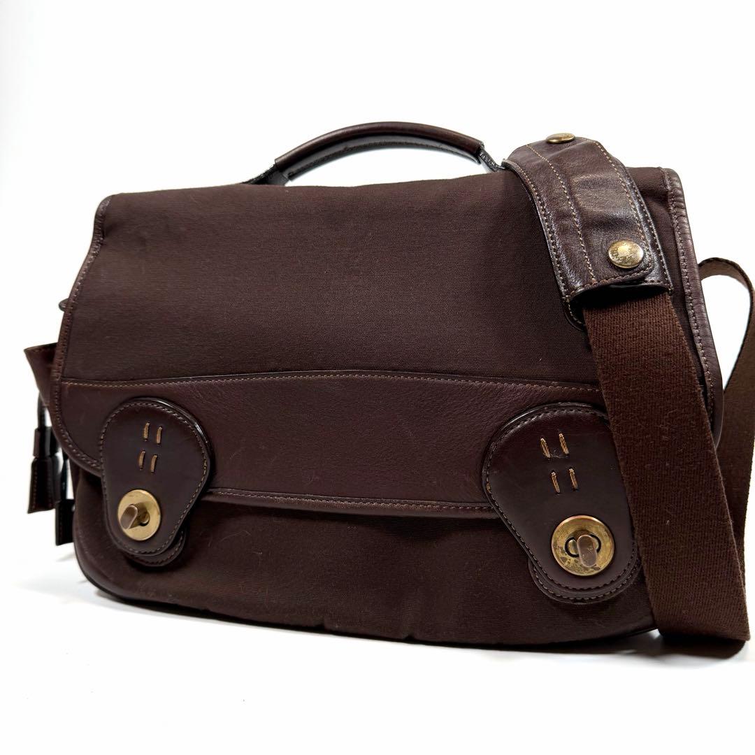 【美品】土屋鞄　ショルダーバッグ　タブラ　ターンロック　ダークブラウン　メンズ