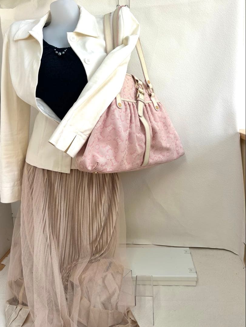 セリーヌ CELINE リリーCマカダムピンクキャンバス レザーハンドバッグ