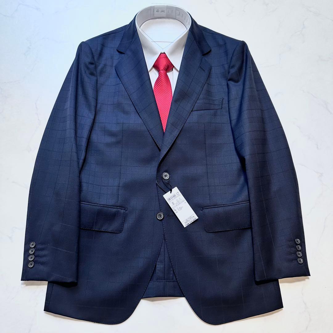 24AW タグ付き◎五大陸 スーツ 山栄毛織 ウール 紺 シャドーチェック A5
