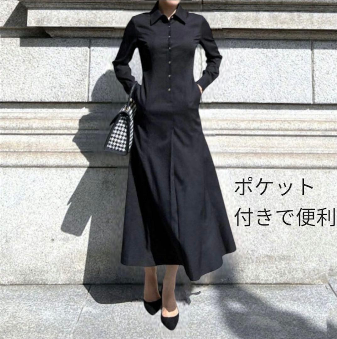 美品✨黒 ジョーゼット美ラインシャツワンピース S セレモニー入学卒業