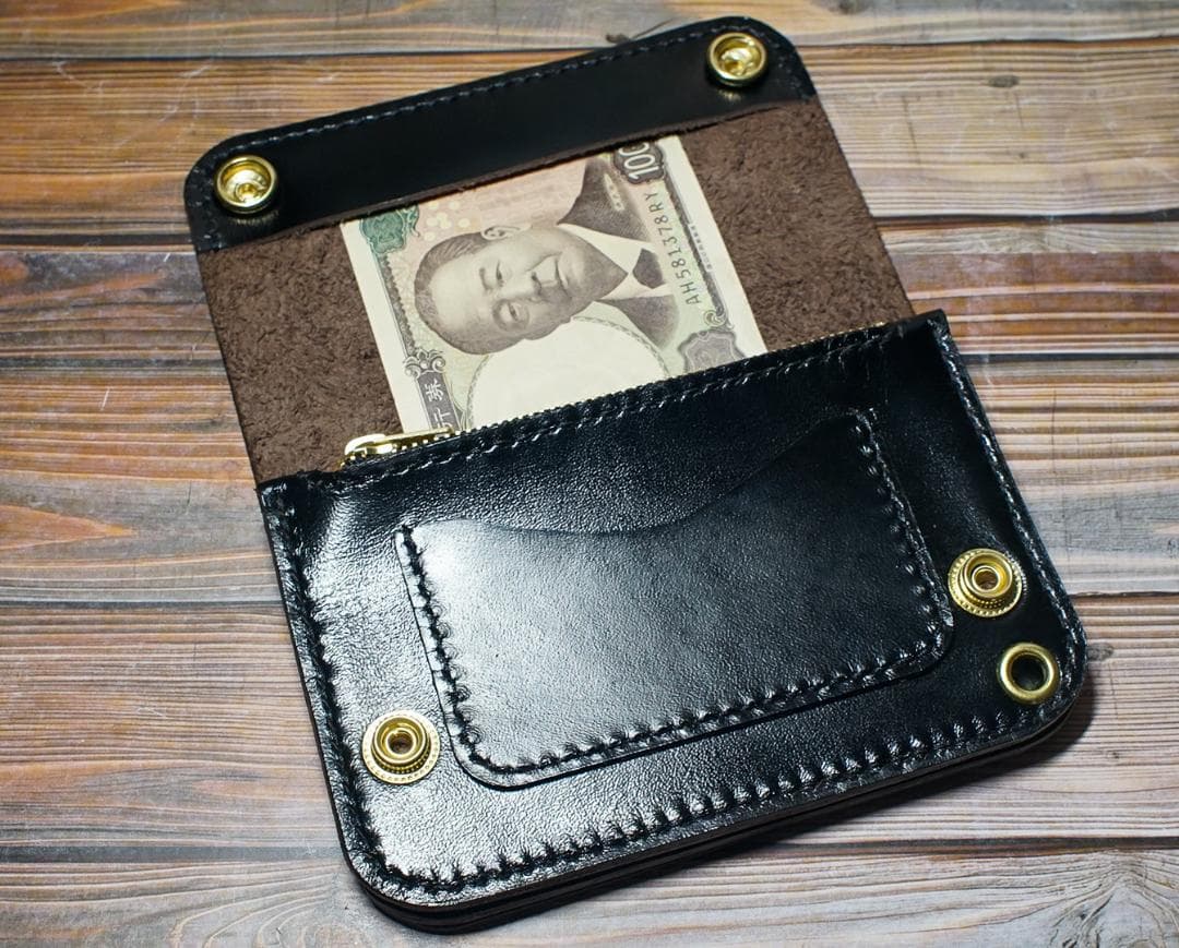 ミドルトラッカーウォレット 三層　馬革 茶芯ブラック　真鍮 トラッカーウォレット