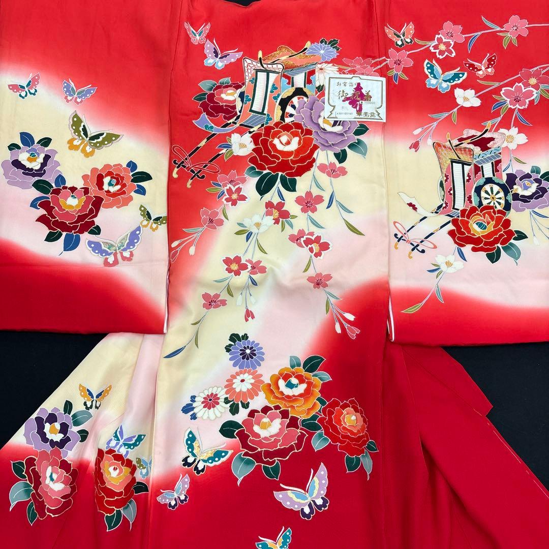 新品☆最高級正絹産着（祝着）特選京友禅手描き美術特選染古典豪華花御所車四季花本金