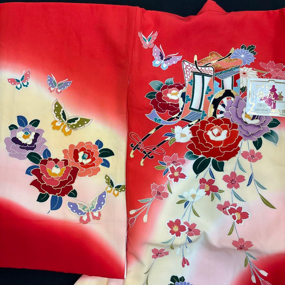 新品☆最高級正絹産着（祝着）特選京友禅手描き美術特選染古典豪華花御所車四季花本金