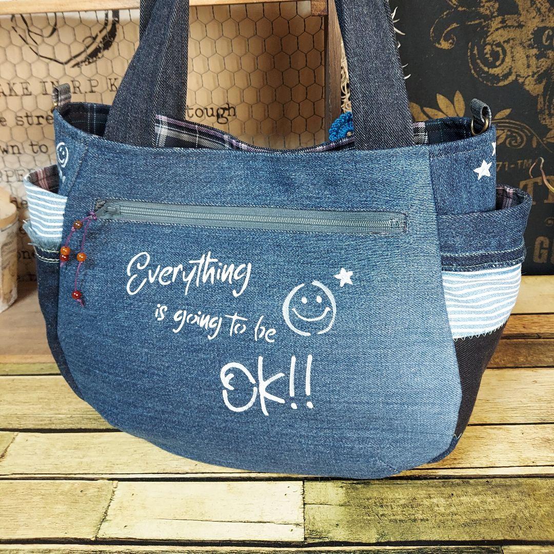刺繍デニムバック　No.673　デニムリメイク　スマイリー　刺繍バック