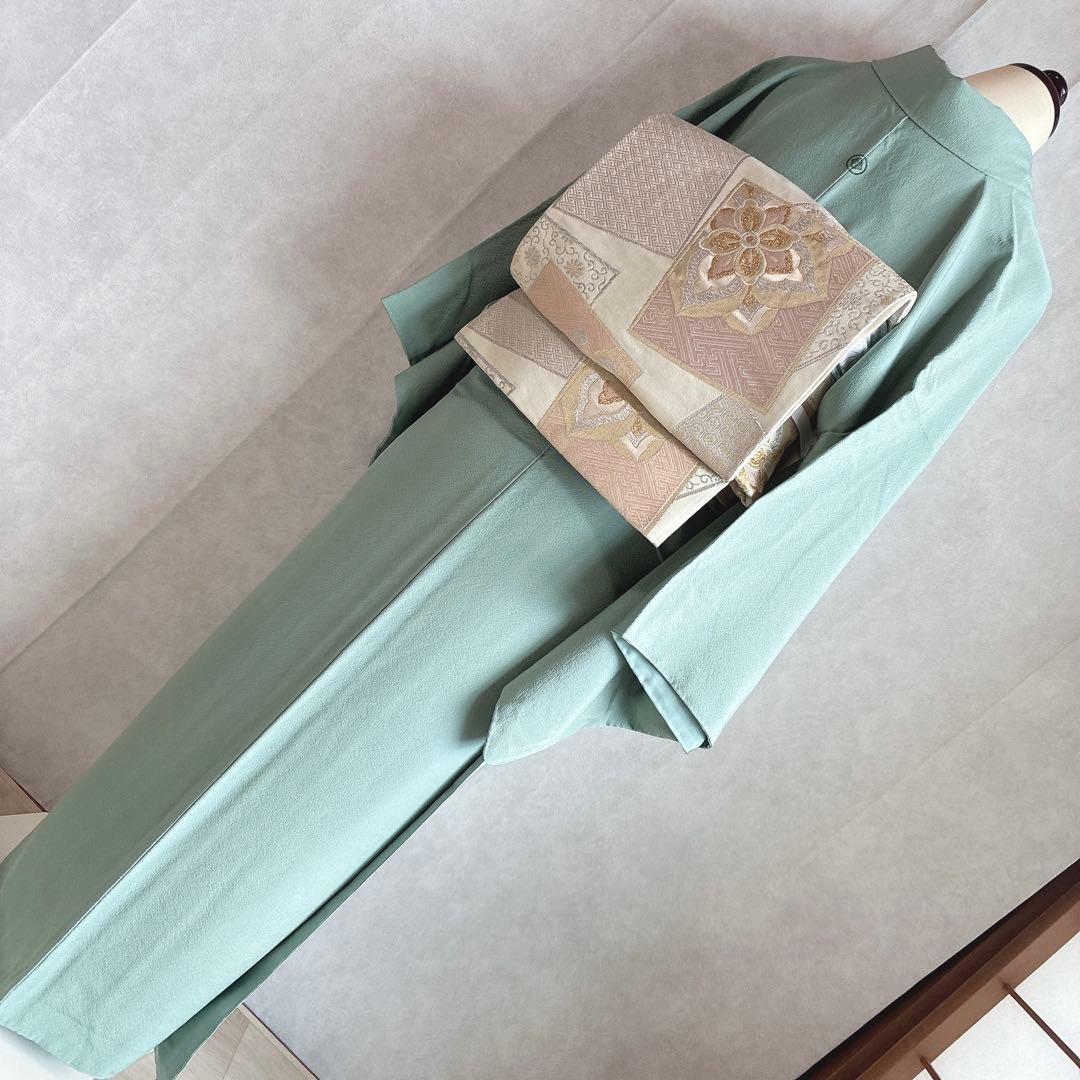 色無地　フルセット　着物　正絹　一つ紋　幻の染　岩石染　ブルー系　落款　N5