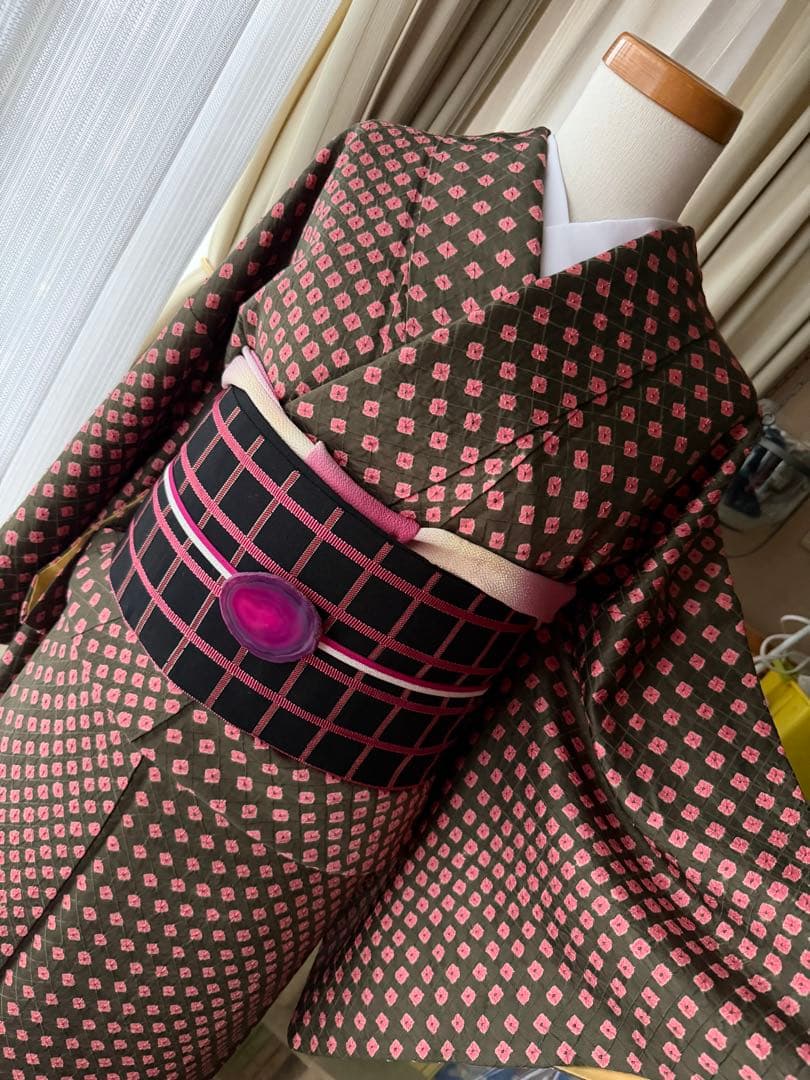 よし 正絹 小紋 着物 チョコブラウン×ピンク 総絞り 単品