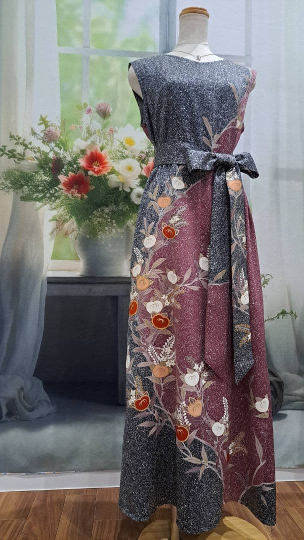 着物リメイク　ワンピース　たたき染め　正絹　作家物　ハンドメイド