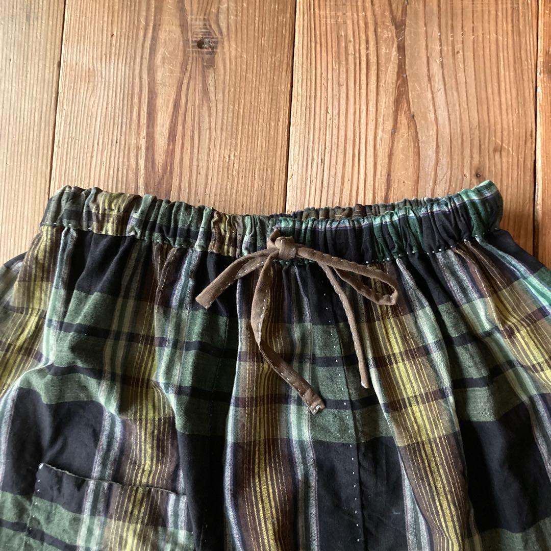 昭和レトロ 古布 布団皮 格子柄 ピエロもんぺ サルエル モンキーパンツ